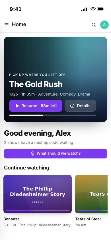 Pocket Watch on an iPhone: The Gold Rush to pick up where you left off, and a Bonanza episode under Continue watching