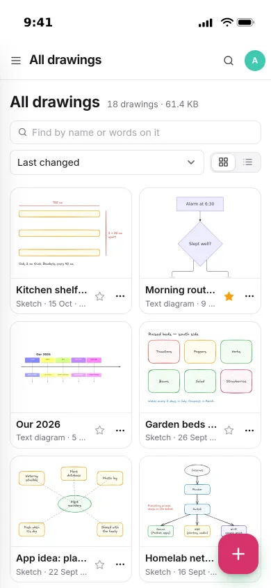 The Pocket Draw library on an iPhone: pictures of a shelf sketch, a morning routine flowchart, a timeline and garden beds