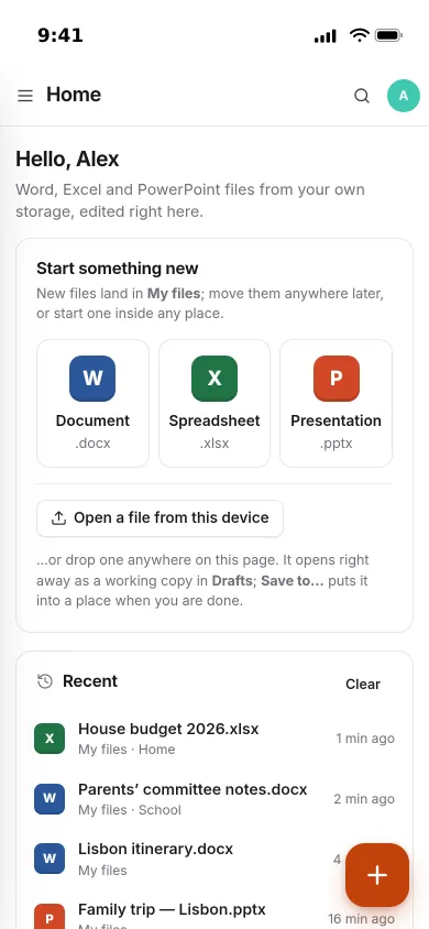 Pocket Office on an iPhone: start a document, spreadsheet or presentation, and recent files from My files
