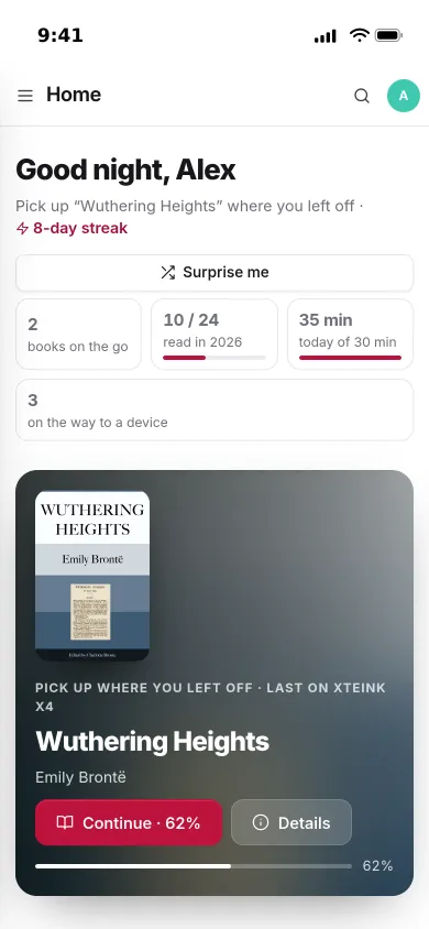 Pocket Library on an iPhone: an 8-day streak, 35 minutes read today and Wuthering Heights to pick up at 62 %