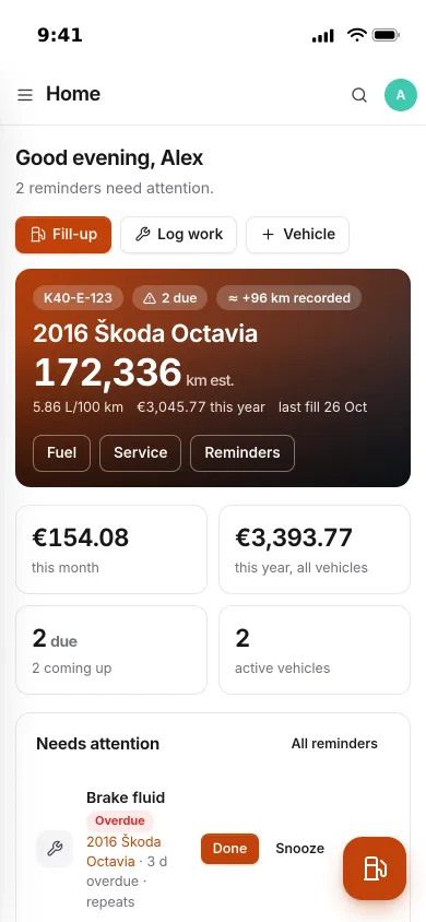 Pocket Garage on an iPhone: a 2016 Škoda Octavia with its estimated odometer, economy and cost this year, and two reminders due
