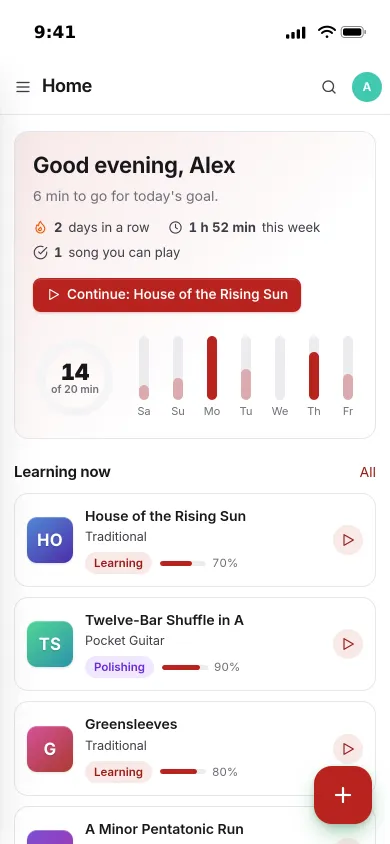 Pocket Guitar on an iPhone: today's 14 of 20 minutes, a two-day streak and the songs being learned