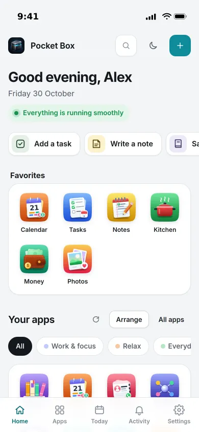 Pocket Hub on an iPhone: a greeting, quick capture buttons, six favourite apps and the start of the app grid
