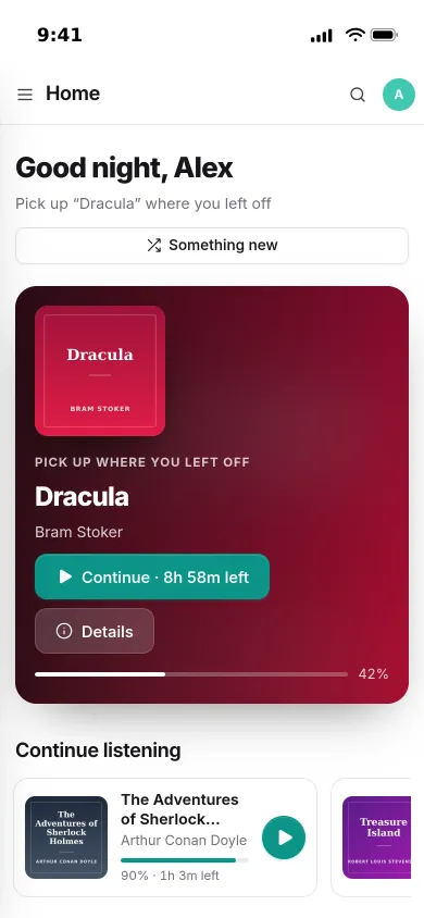 Pocket Audiobooks on an iPhone: Dracula at 42 per cent with a Continue button, and books to continue below