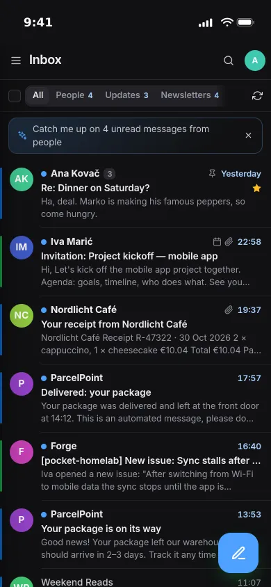 Pocket Mail on an iPhone: a unified inbox with a dinner invitation, a meeting invitation, a café receipt and parcel updates