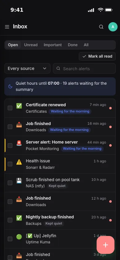 The Pocket Alerts inbox on an iPhone: certificates, downloads and server alerts, some waiting for the morning summary