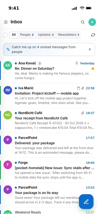 Pocket Mail on an iPhone: a unified inbox with a dinner invitation, a meeting invitation, a café receipt and parcel updates