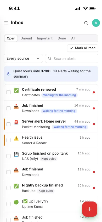 The Pocket Alerts inbox on an iPhone: certificates, downloads and server alerts, some waiting for the morning summary