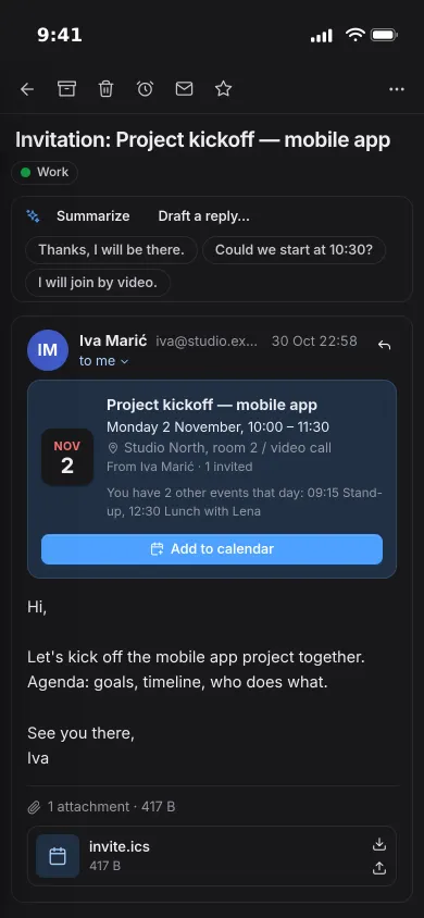 A meeting invitation on an iPhone with its date card, two other events that day and an Add to calendar button