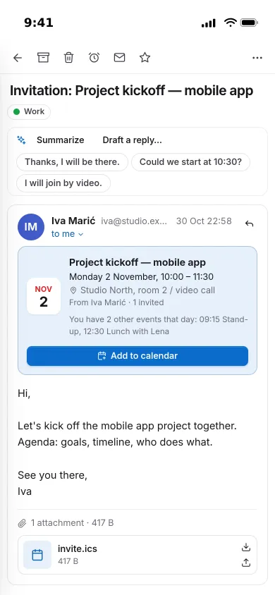 A meeting invitation on an iPhone with its date card, two other events that day and an Add to calendar button