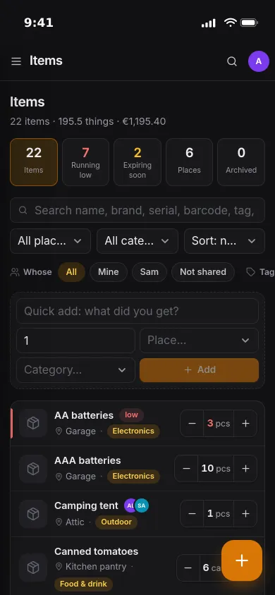 Pocket Inventory on an iPhone: item counts, the quick-add box and items with minus and plus buttons