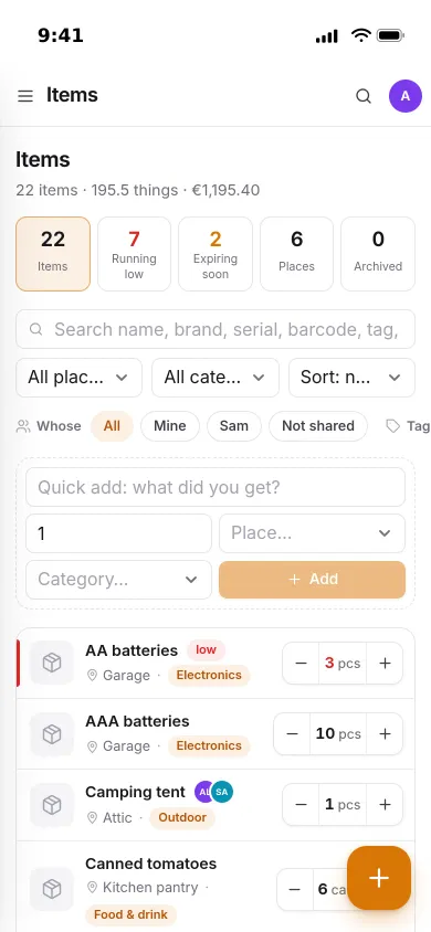 Pocket Inventory on an iPhone: item counts, the quick-add box and items with minus and plus buttons