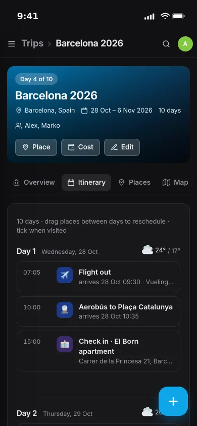 Day one of a Barcelona trip on an iPhone: the weather, the flight out, the airport bus and the apartment check-in