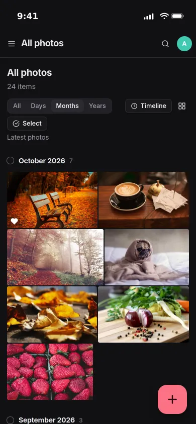 Pocket Photos on an iPhone: October’s photos in a grid, with a park bench, a cappuccino and a dog under a blanket