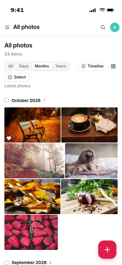 Pocket Photos on an iPhone: October’s photos in a grid, with a park bench, a cappuccino and a dog under a blanket