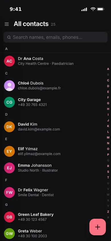 Pocket Contacts on an iPhone: an A to Z list of people and businesses with their initials or pictures