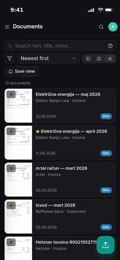 Pocket Documents on an iPhone: a list of electricity bills, a phone bill and a bank statement with thumbnails and tags