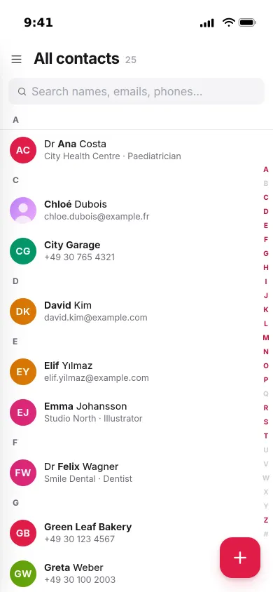 Pocket Contacts on an iPhone: an A to Z list of people and businesses with their initials or pictures