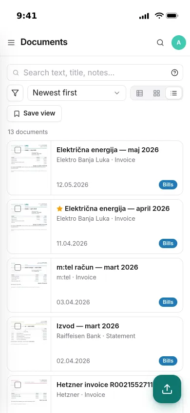 Pocket Documents on an iPhone: a list of electricity bills, a phone bill and a bank statement with thumbnails and tags