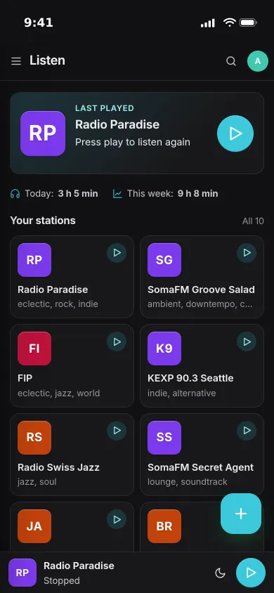 Pocket Radio on an iPhone: the last station ready to play, today’s listening time and your stations