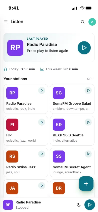 Pocket Radio on an iPhone: the last station ready to play, today’s listening time and your stations