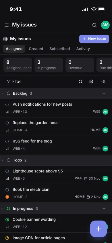 My issues on an iPhone: counters for open, in progress and due this week, then issues grouped by status