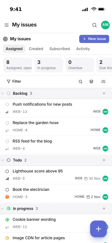 My issues on an iPhone: counters for open, in progress and due this week, then issues grouped by status