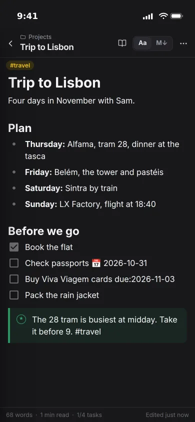 A travel note on an iPhone with a day-by-day plan, a checklist with due dates and a tip callout