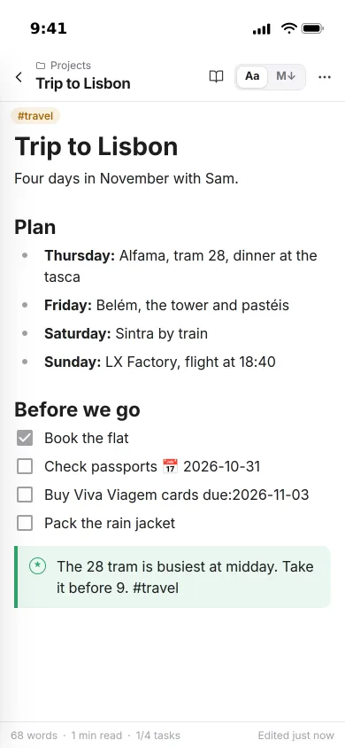 A travel note on an iPhone with a day-by-day plan, a checklist with due dates and a tip callout