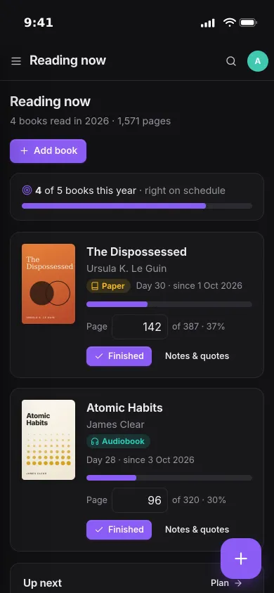 Pocket Bookshelf on an iPhone: a yearly goal of 4 out of 5 books, and two books in progress with their page