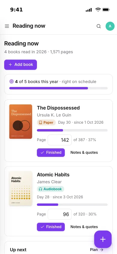 Pocket Bookshelf on an iPhone: a yearly goal of 4 out of 5 books, and two books in progress with their page