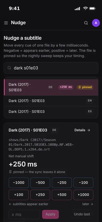 Nudging on an iPhone: a German subtitle for Dark S01E03, pinned at +250 ms, with the quick shift buttons
