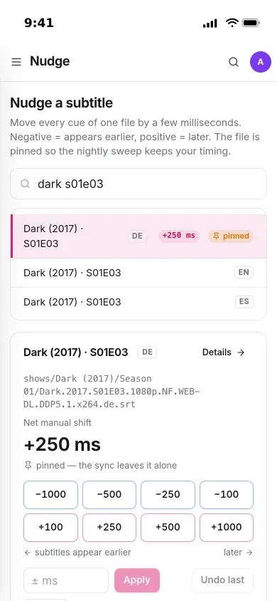 Nudging on an iPhone: a German subtitle for Dark S01E03, pinned at +250 ms, with the quick shift buttons