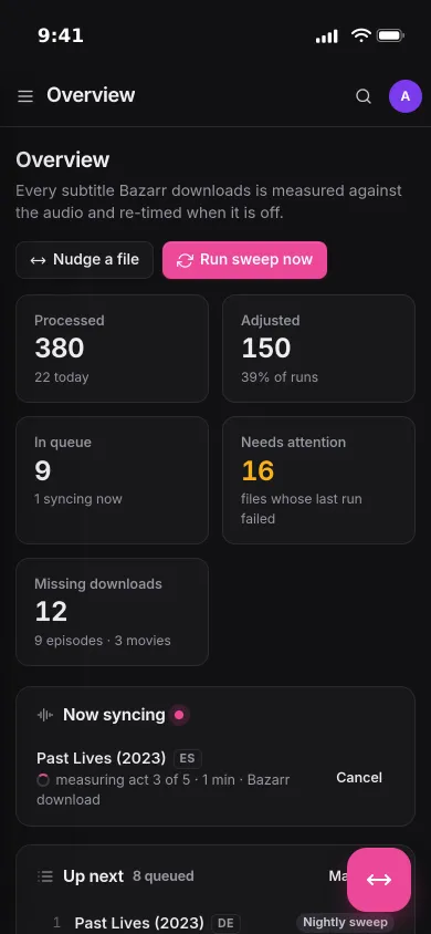 Pocket Subtitles on an iPhone: processed, adjusted, queue and needs-attention counts, and the film being synced now