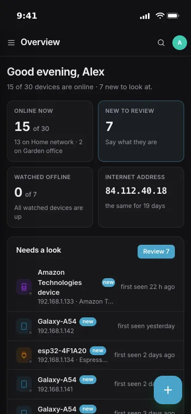 Pocket Network on an iPhone: 15 of 30 devices online, 7 new to review, watched devices and the internet address