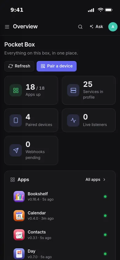Pocket Core on an iPhone: 18 of 18 apps up, 25 services, 4 paired devices and the start of the app list