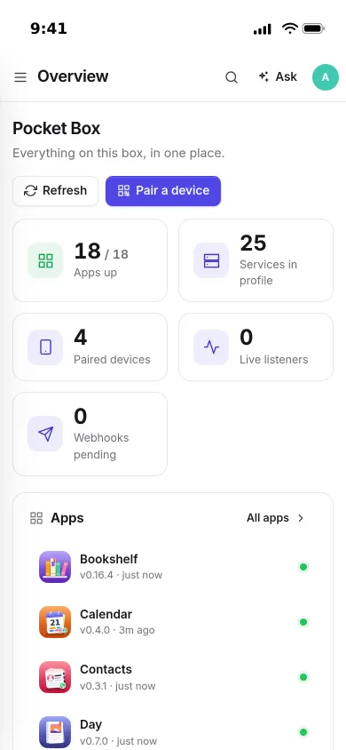 Pocket Core on an iPhone: 18 of 18 apps up, 25 services, 4 paired devices and the start of the app list