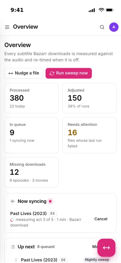 Pocket Subtitles on an iPhone: processed, adjusted, queue and needs-attention counts, and the film being synced now