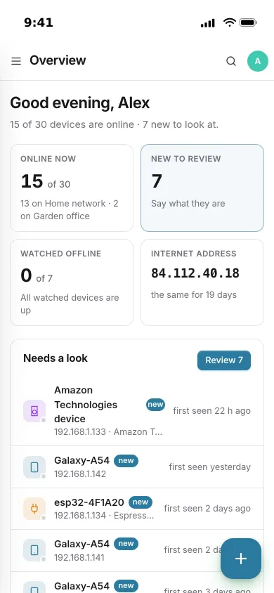 Pocket Network on an iPhone: 15 of 30 devices online, 7 new to review, watched devices and the internet address
