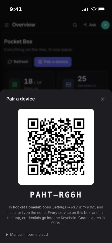 The Pair a device sheet on an iPhone with a QR code, an eight-character pairing code and how to use it