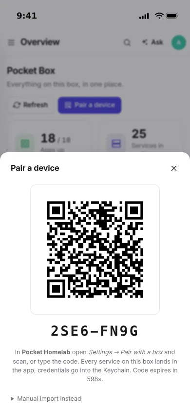 The Pair a device sheet on an iPhone with a QR code, an eight-character pairing code and how to use it