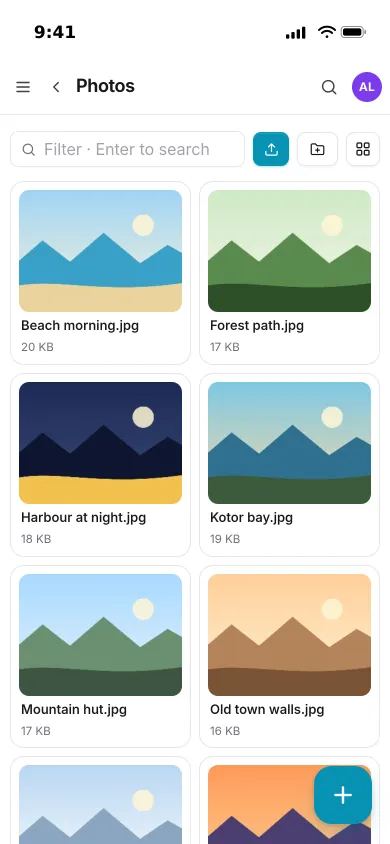 Pocket Files on an iPhone: a Photos folder in grid view with image thumbnails
