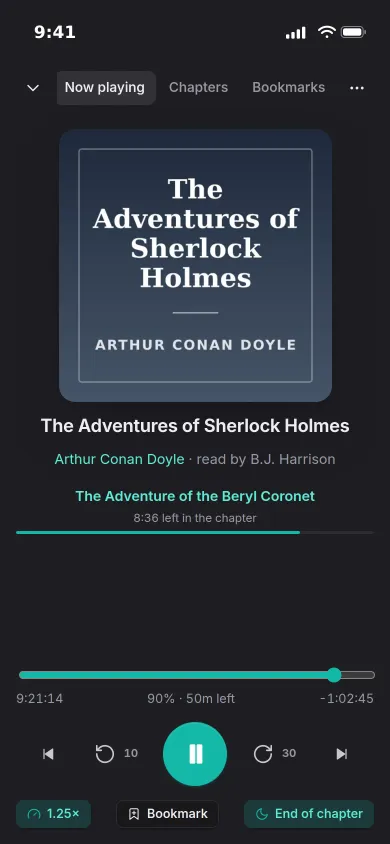 The player on an iPhone: The Adventures of Sherlock Holmes at 1.25× with the sleep timer set to the end of the chapter