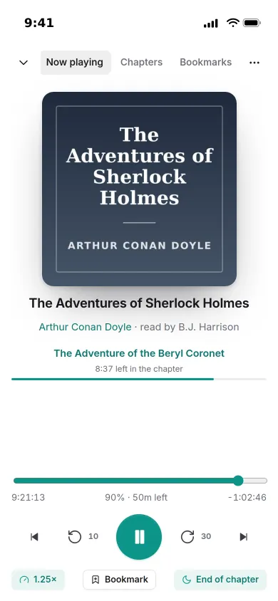The player on an iPhone: The Adventures of Sherlock Holmes at 1.25× with the sleep timer set to the end of the chapter