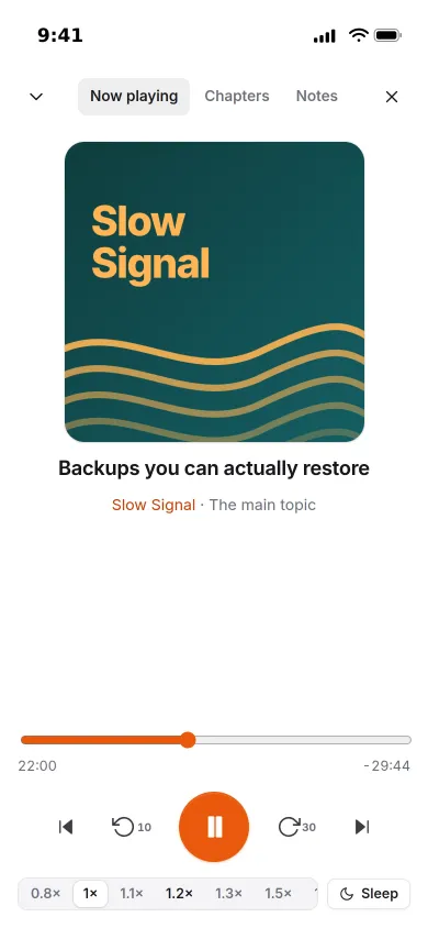 Pocket Podcasts on an iPhone: the full-screen player with chapters, skip buttons, speed and a sleep timer