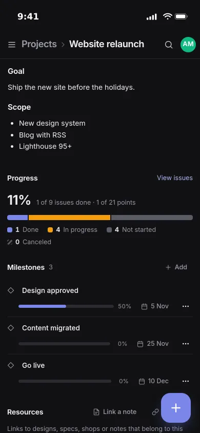 A website relaunch project on an iPhone: goal, scope, 11 percent progress and three milestones with dates