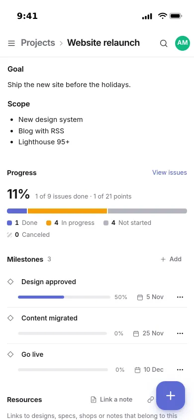 A website relaunch project on an iPhone: goal, scope, 11 percent progress and three milestones with dates