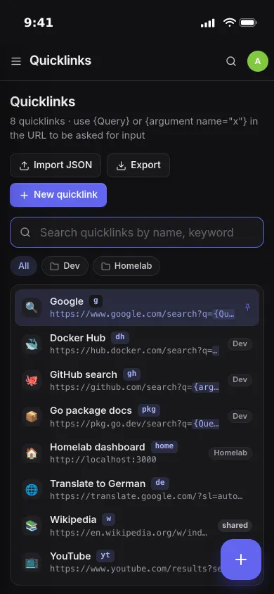 Quicklinks on an iPhone: Google, Docker Hub, GitHub search, Go package docs, Wikipedia and more with their keywords
