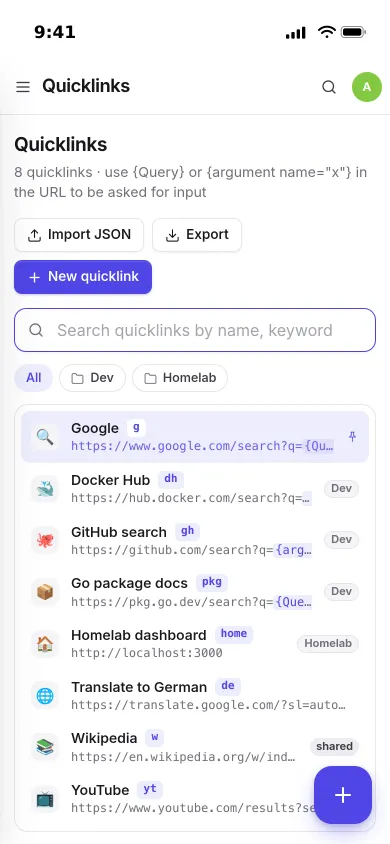 Quicklinks on an iPhone: Google, Docker Hub, GitHub search, Go package docs, Wikipedia and more with their keywords