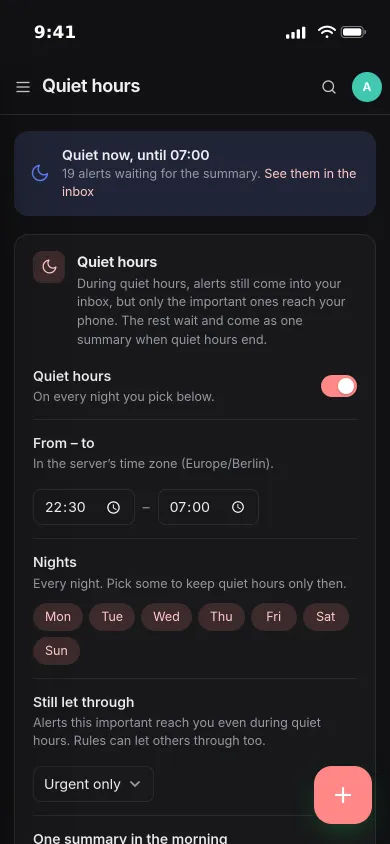Quiet hours on an iPhone: 22:30 to 07:00 every night, urgent alerts let through, 19 alerts waiting for the summary